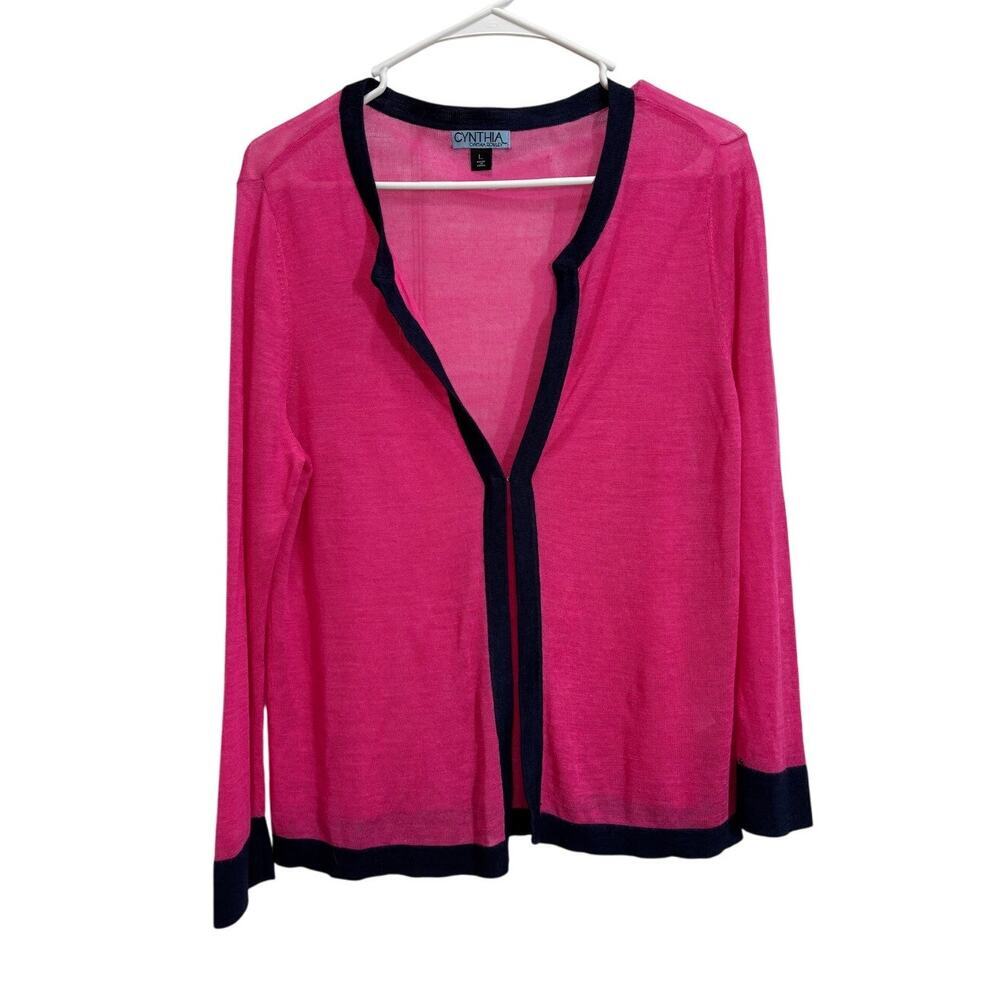 Cynthia Rowley Women L Pink Navy Long Sleeve Sheer Sweater Bright Career